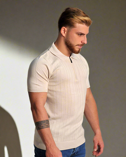 2H #39733-40 Beige Knitted Polo T-Shirt