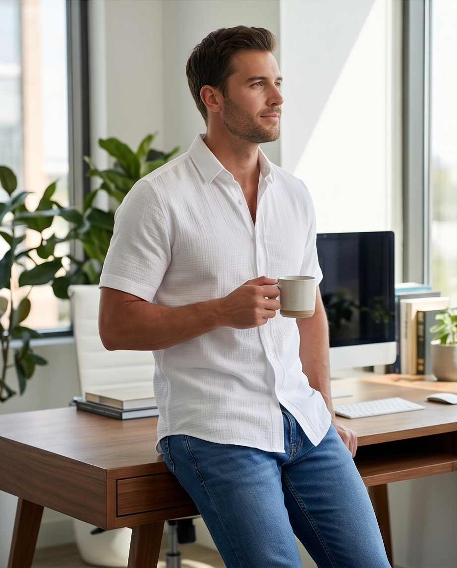 2H White Short Sleeve Linen Shirt