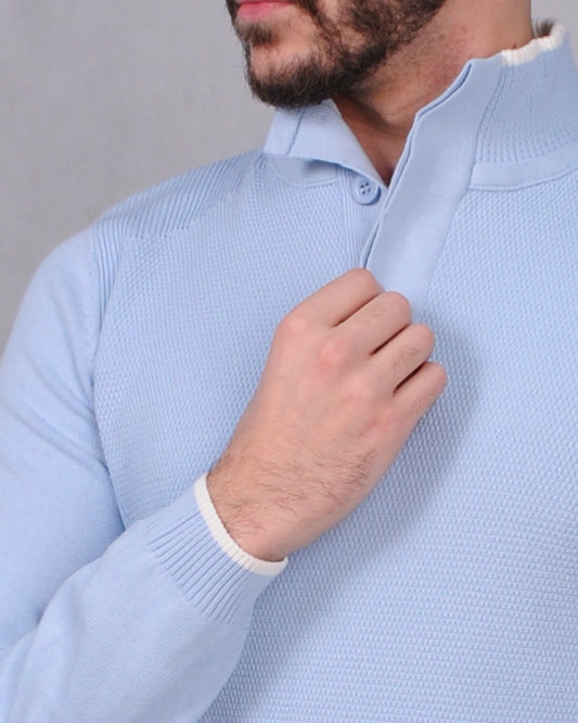 SALE! 2H #46038 Blue Pure Cotton With 3 Buttons High Neck Sweater