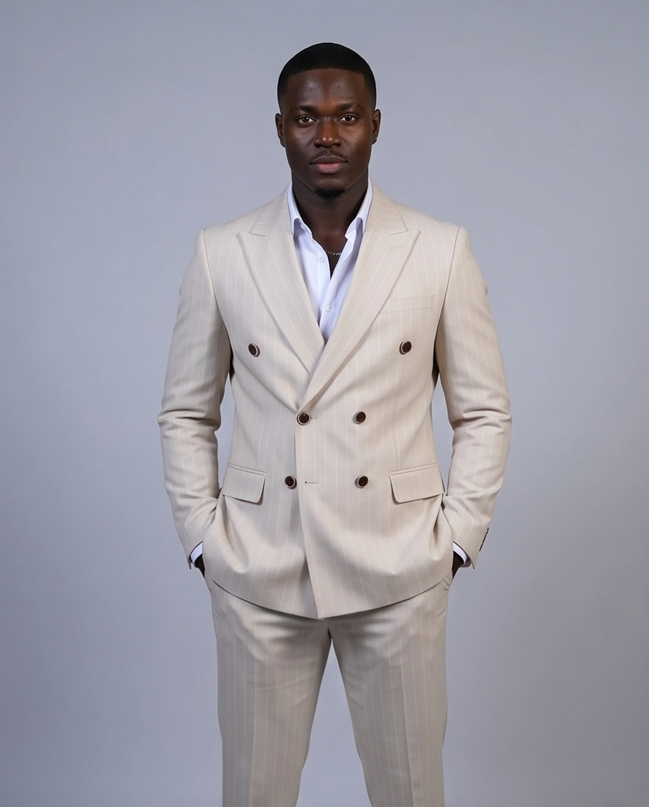 2H #TR330-4 Beige double breasted Striped Suit