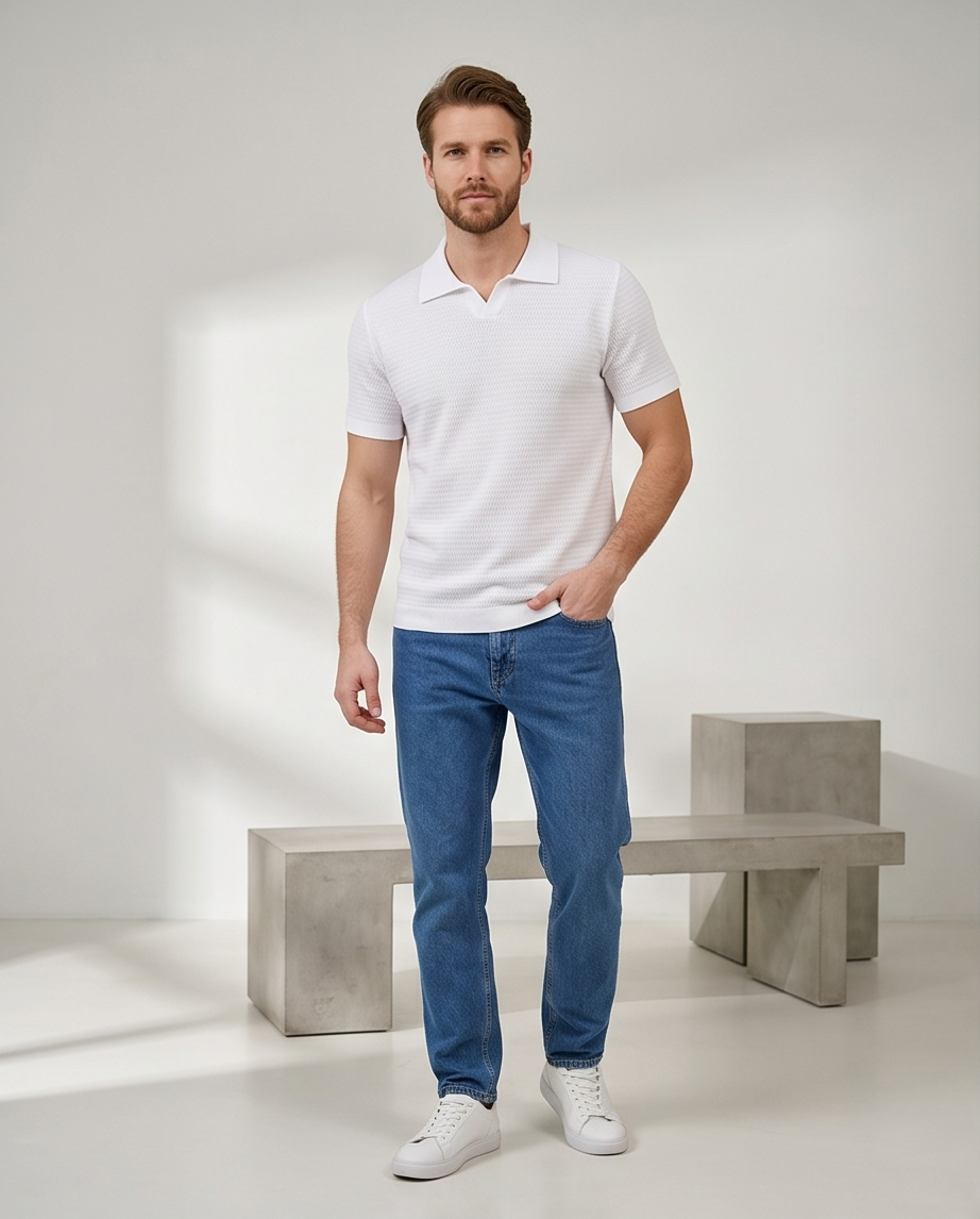 2H #451 White Knitted Polo T-Shirt