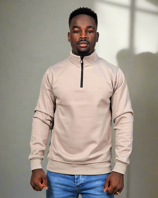 2H #9344 Beige High Neck Sweater With Zipper