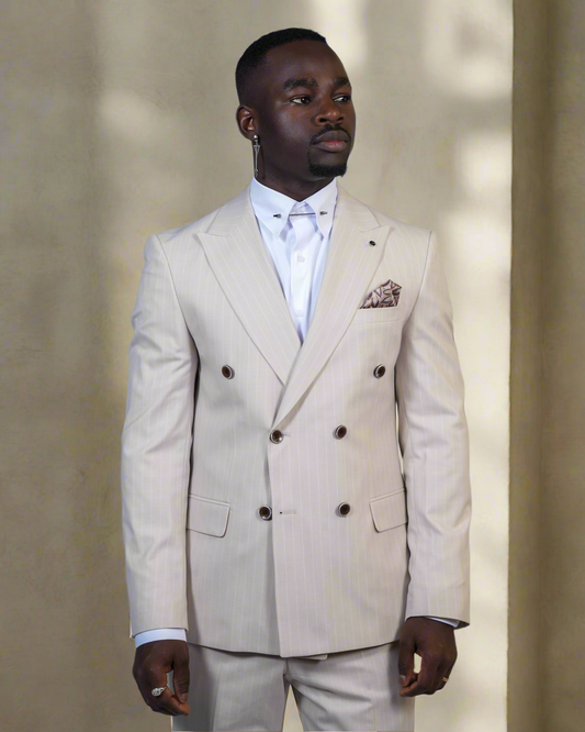 2H Beige double breasted Striped Suit