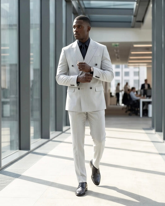 2H #TR330-5 Light Gray double breasted Striped Suit