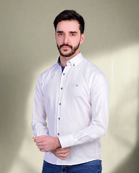 2H #080124 White Navy Buttons Casual Shirt