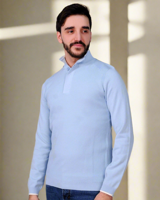 SALE! 2H #46038 Blue Pure Cotton With 3 Buttons High Neck Sweater