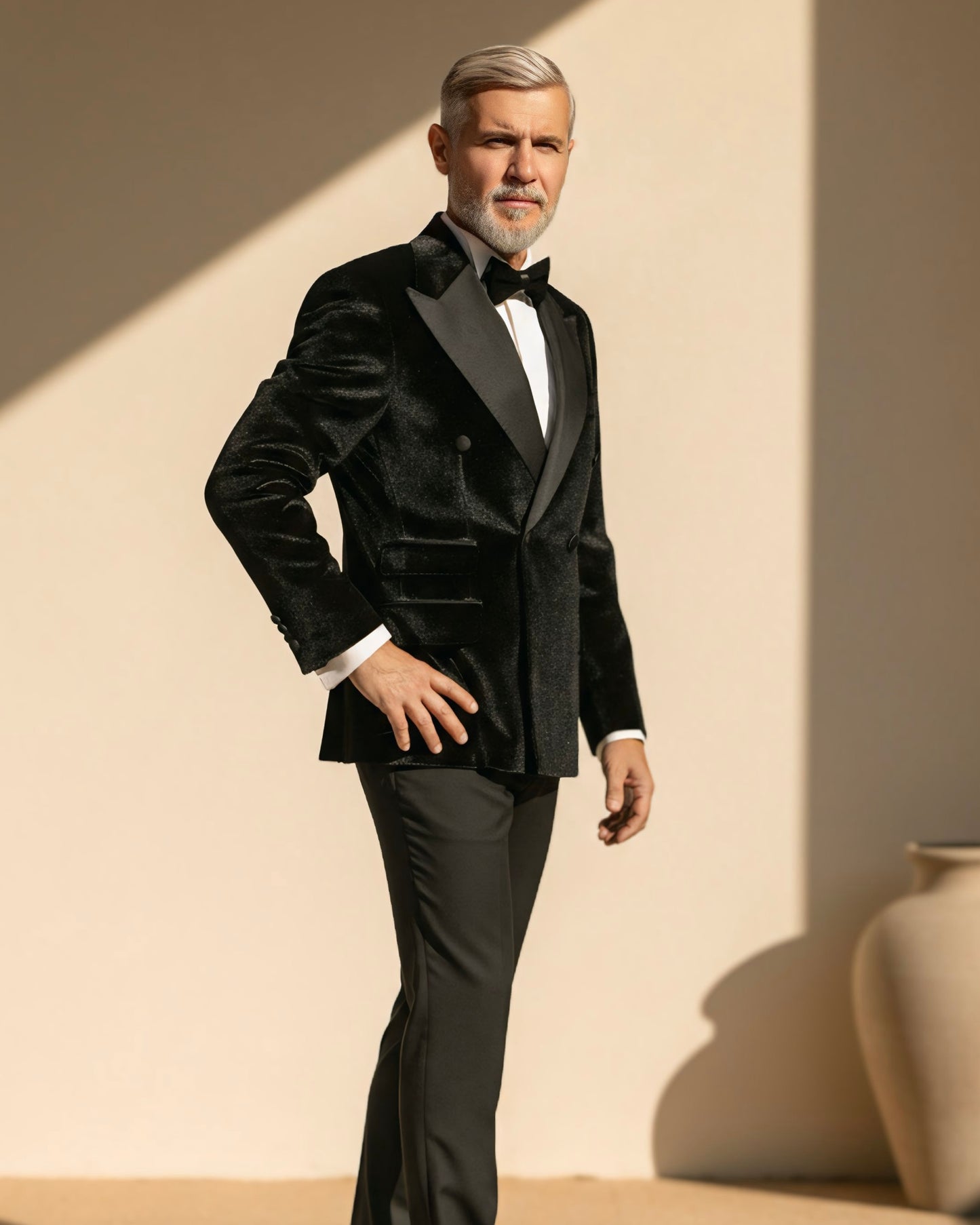 2H Black Double Breast Chamois Wedding Suit Peack Lapel Satin