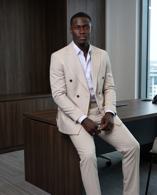 2H #TR330-4 Beige double breasted Striped Suit
