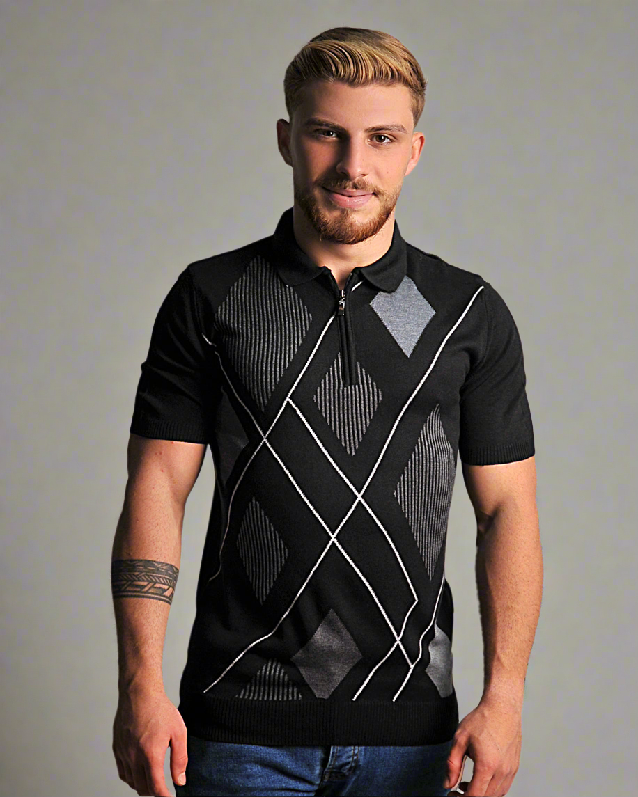 SALE! 2H #39657-40 Black Knitted Polo T-Shirt
