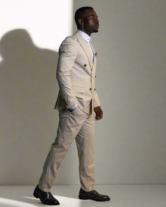2H #TR330-4 Beige double breasted Striped Suit