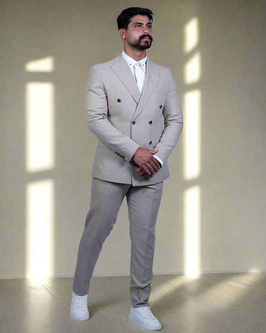 2H #160325-C2 Beige Double breasted Suit 2 Pieces
