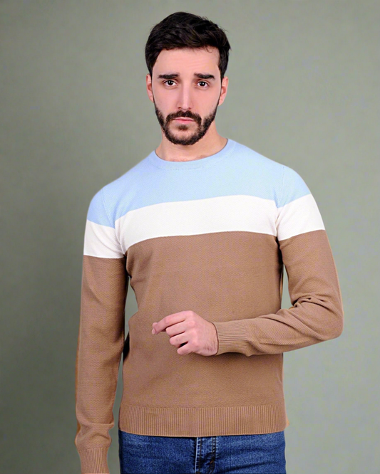 SALE! 2H #46031 Colorful Blue/White/Brown Round Neck Sweater