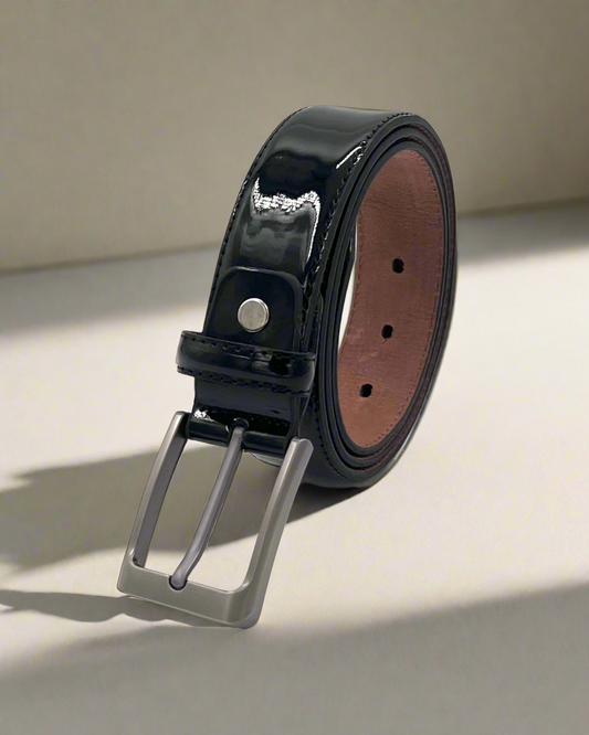 2H #EG Shine Black Genuine Leather Formal Belt