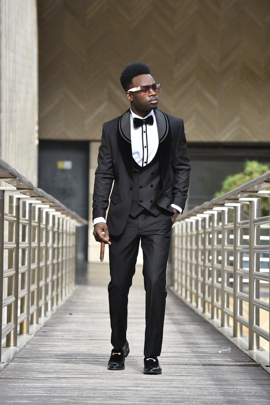 2H Black Wedding Suit Shawl Chamois Satin 2 Pieces