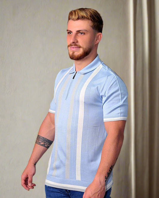 2H #39662-40 Blue Striped Knitted Polo T-Shirt