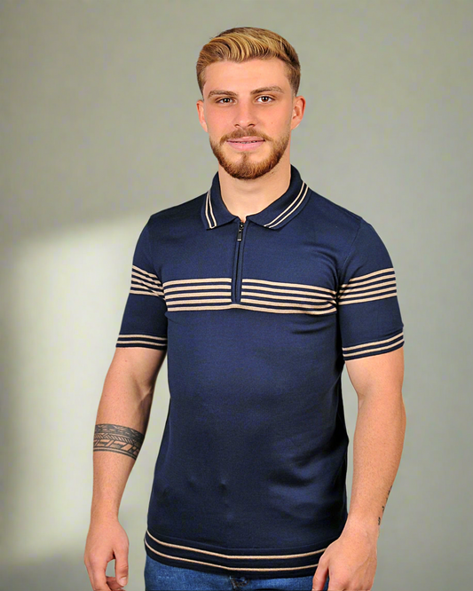 2H #39729-40 Navy Knitted Polo T-Shirt