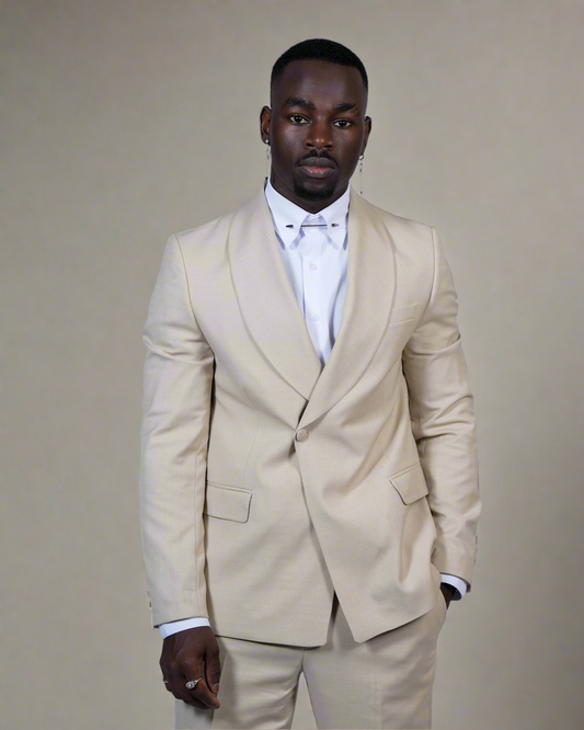 2H Beige One Button Collar Shawl Suit