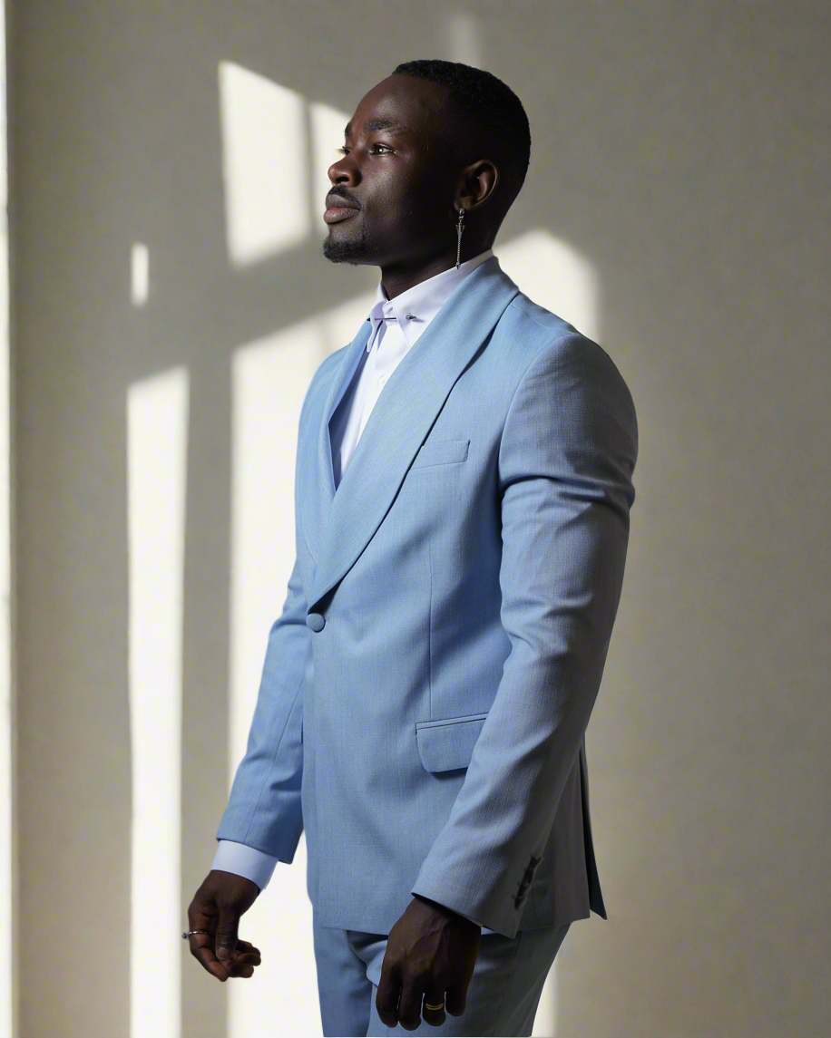2H Blue One Button Collar Shawl Suit