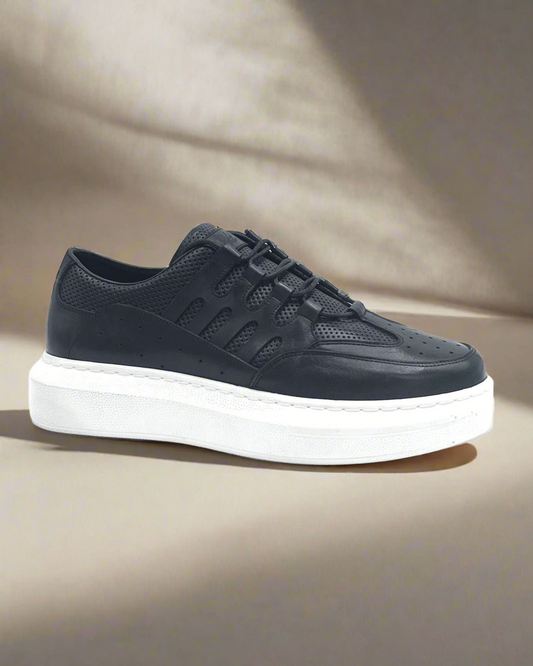 2H #E26005-123-814 Genuine Leather Black Casual Shoes