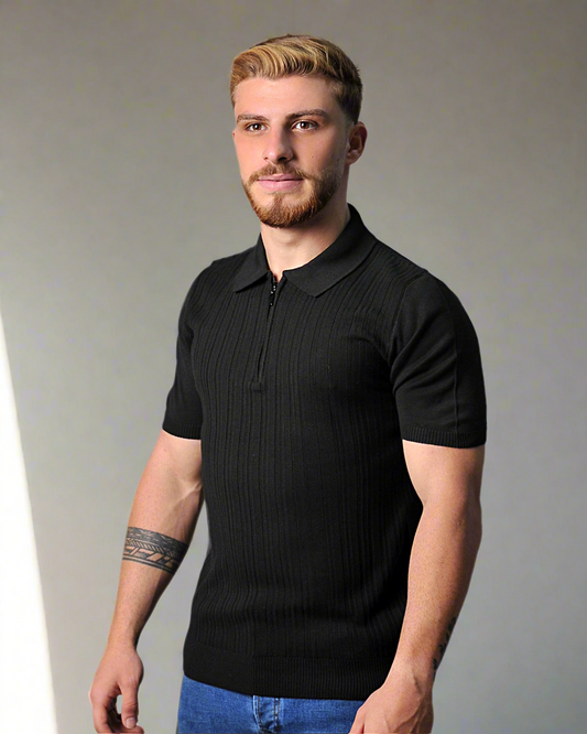 2H #39733-40 Black Knitted Polo T-Shirt