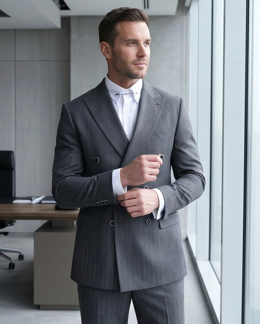 2H #TR330-1 Dark Gray double breasted Striped Suit