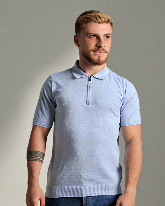2H #2001-40 Blue Knitted Cotton Polo T-Shirt