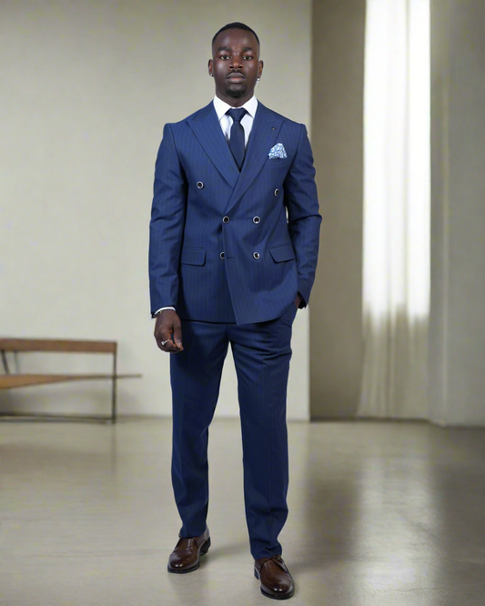 2H #TR330-2 Navy double breasted Striped Suit