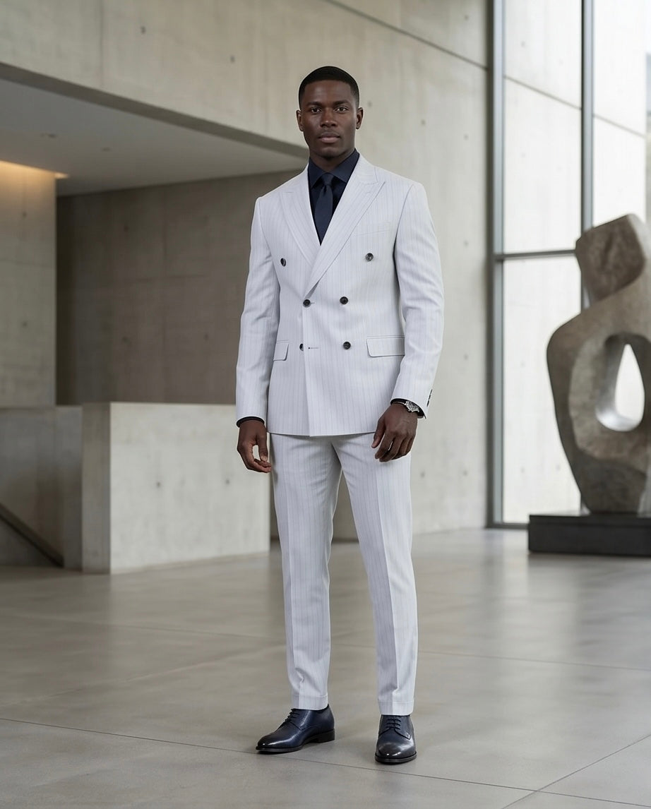 2H #TR330-5 Light Gray double breasted Striped Suit