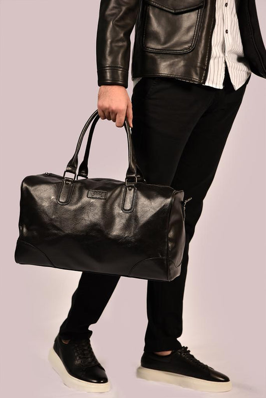 2H #6056 Black pu leather Travel Duffle Bag