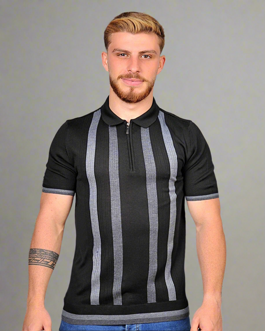 2H #39662-40 Black Striped Knitted Polo T-Shirt