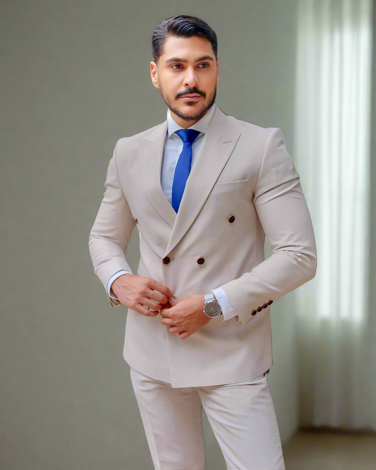 2H #548-01 Beige Double Breast Suit 2 Pieces