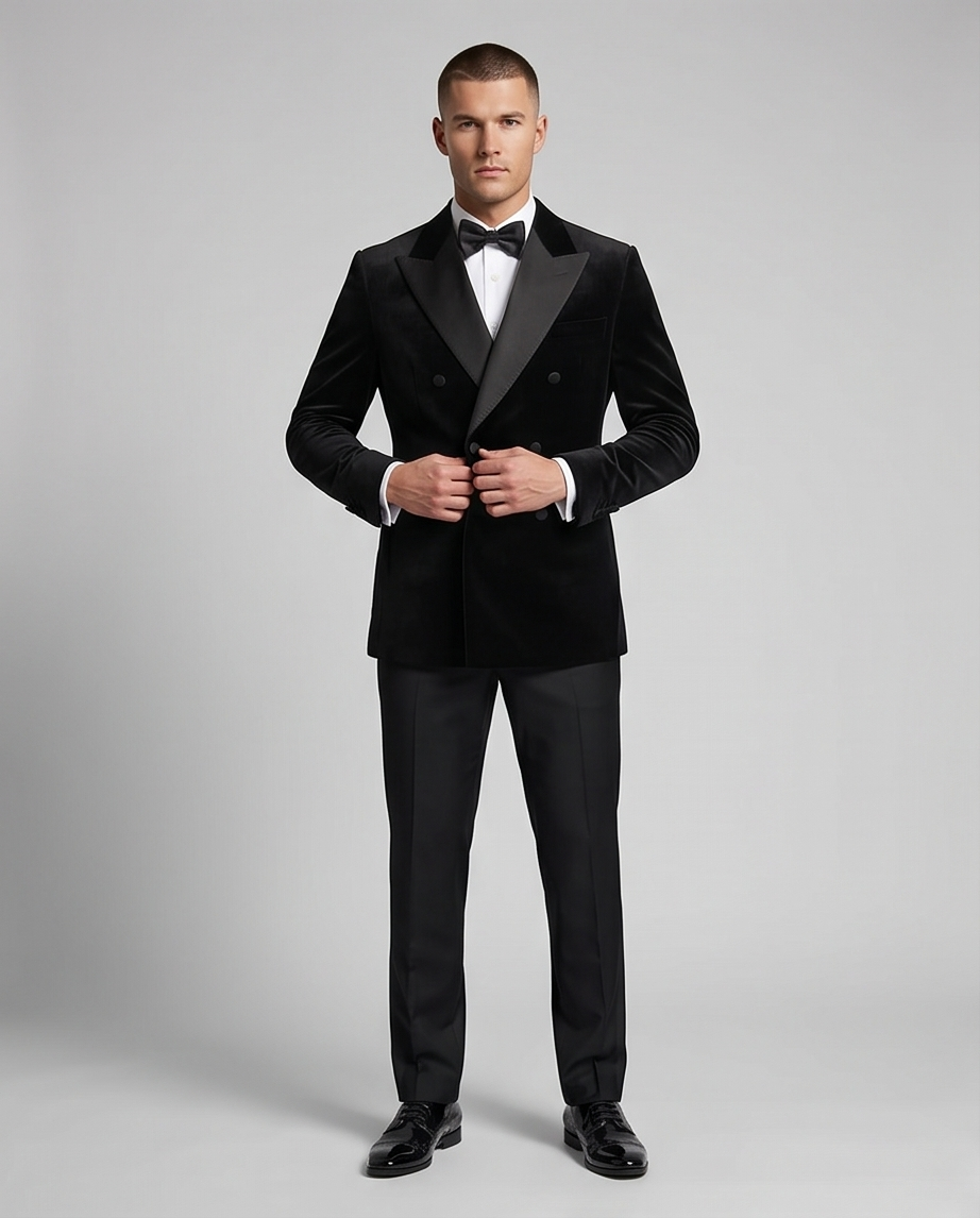 2H Black Double Breast Chamois Wedding Suit Peack Lapel Satin