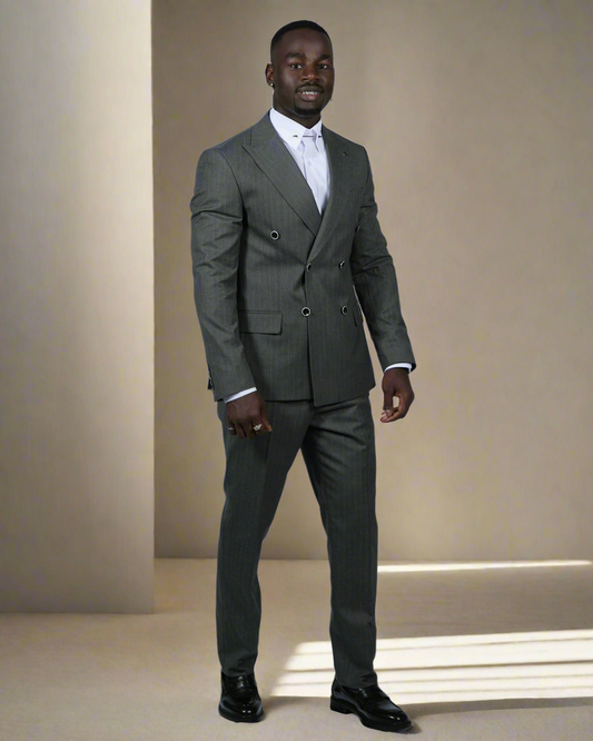 2H Dark Gray double breasted Striped Suit