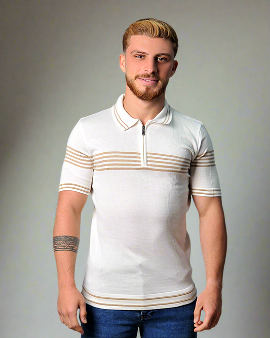 2H #39729-40 Off-White Knitted Polo T-Shirt