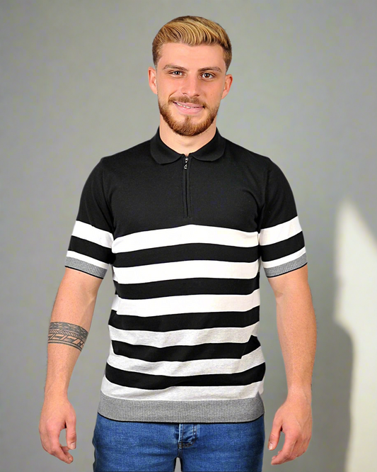 2H #33151-40 Black Knitted Polo T-Shirt