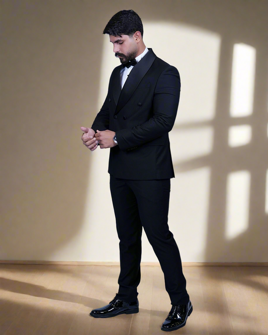 2H black shawl Double breasted Wedding Suit