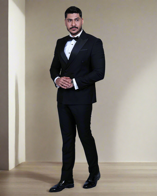 2H Black Peaked Lapel Double breasted Suit