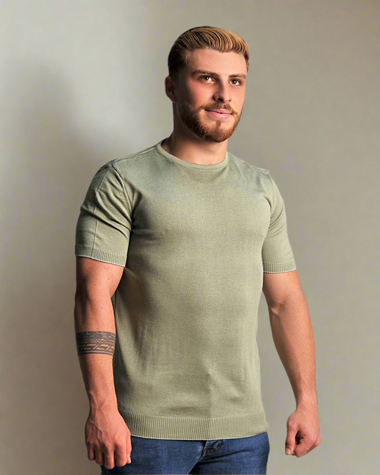 2H #39553-30 Olive Green Knitted T-Shirt