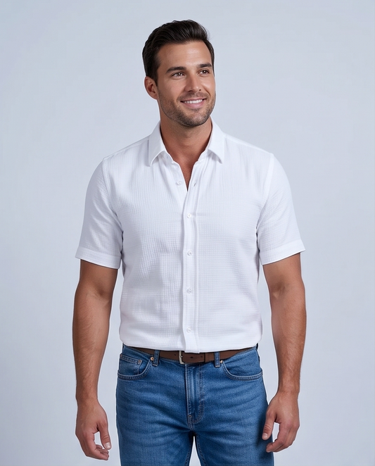 2H White Short Sleeve Linen Shirt