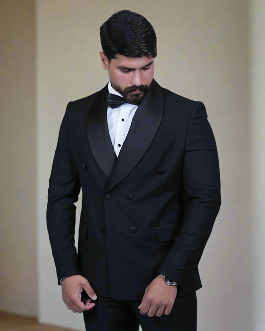 2H black shawl Double breasted Wedding Suit