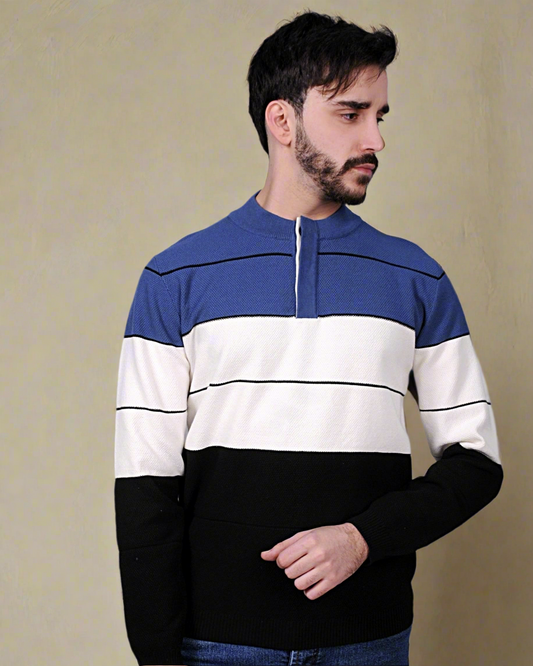 SALE! 2H #46030 Colorful Navy/White/Black With 3 Buttons High Neck Sweater