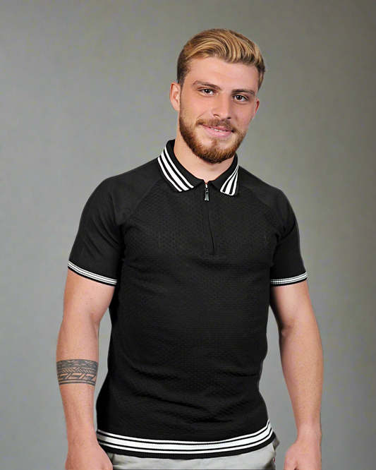 2H #39749-40 Black Knitted Polo T-Shirt