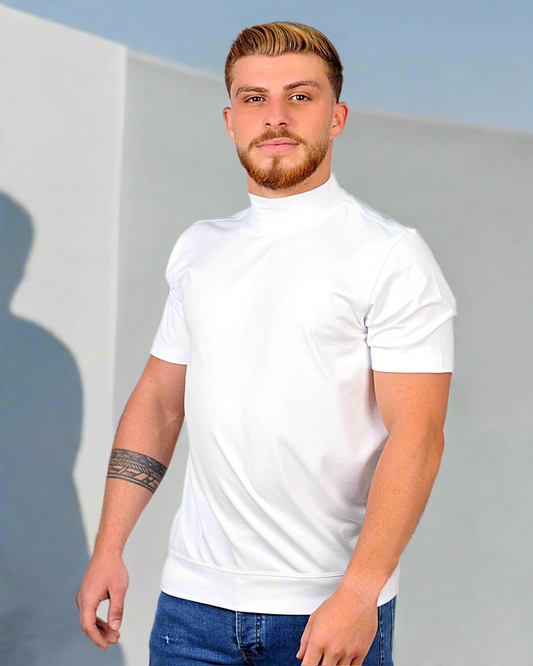 2H #12576 White Mercerized Cotton High Neck T-Shirt