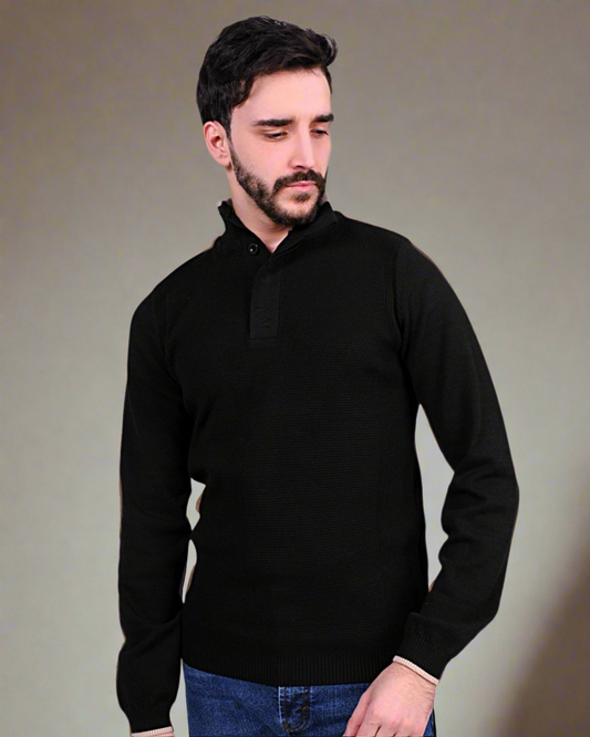 SALE! 2H #46038 Black Pure Cotton With 3 Buttons High Neck Sweater