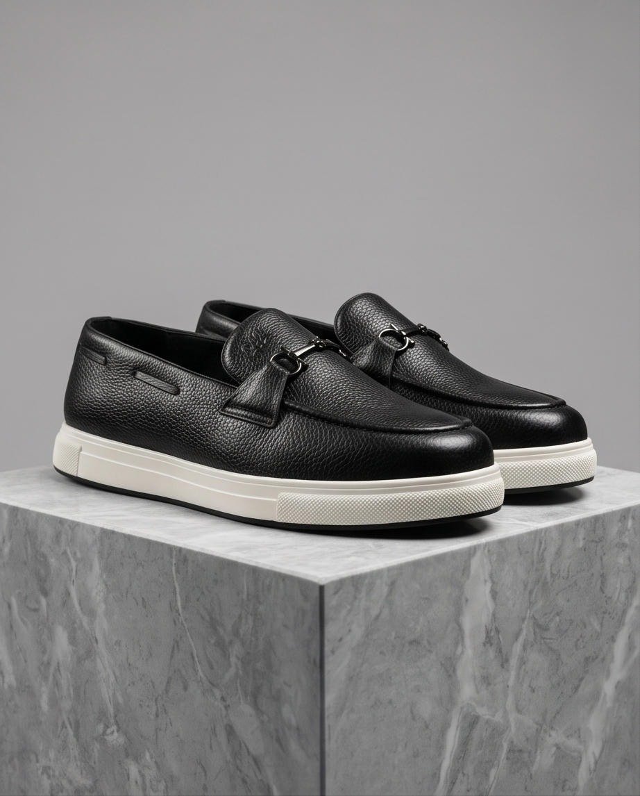2H #01G Genuine Leather Black Casual Shoes