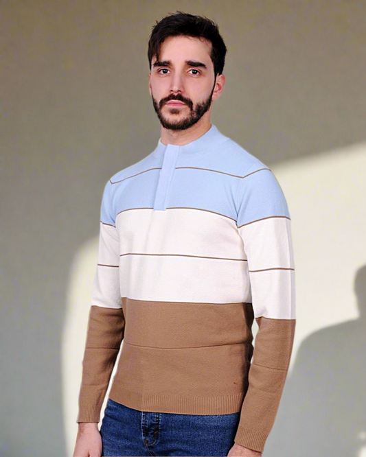 SALE! 2H #46030 Colorful Blue/White/Brown With 3 Buttons High Neck Sweater