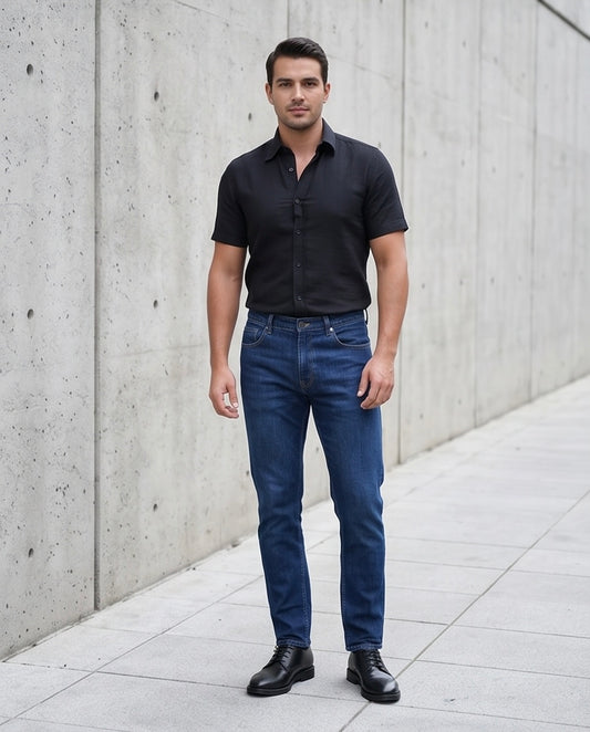 2H Black Short Sleeve Linen Shirt