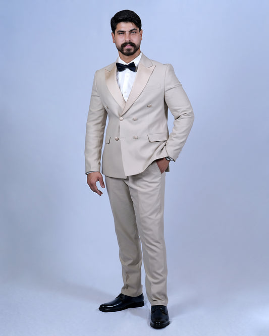 2H #260425 Beige Double breasted Suit 2 Pieces