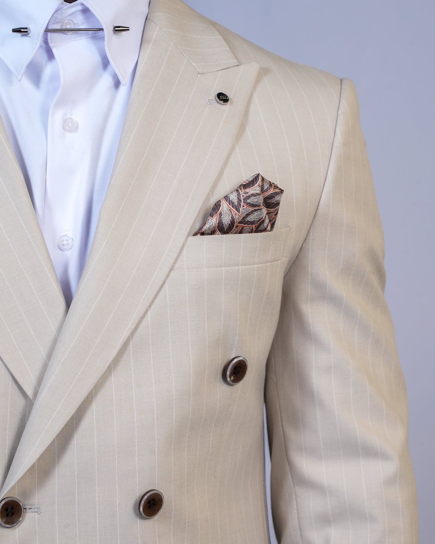 2H Beige double breasted Striped Suit