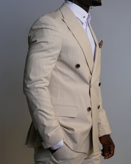 2H Beige double breasted Striped Suit